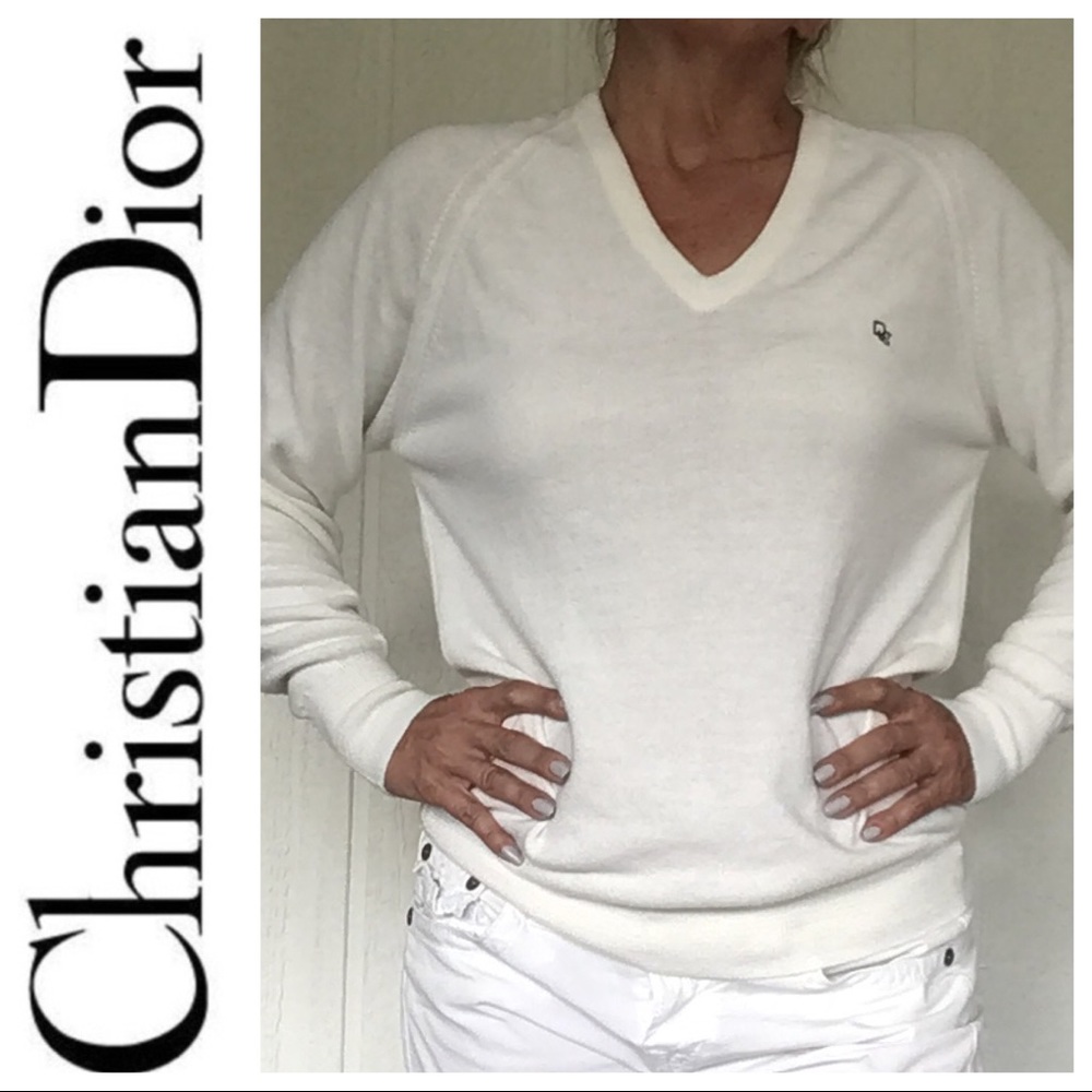 CHRISTIAN DIOR VINTAGE WHITE V NECK SWEATER MEDIUM
